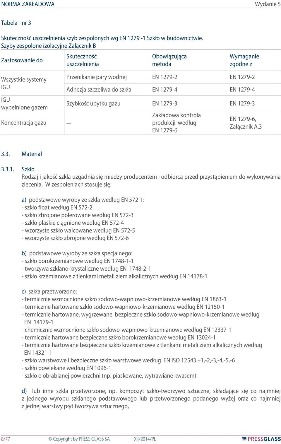 wodnej EN 1279-2 EN 1279-2 Adhezja szczeliwa do szkła EN 1279-4 EN 1279-4 Szybkość ubytku gazu EN 1279-3 EN 1279-3 Zakładowa kontrola produkcji według EN 1279-6 EN 1279-6, Załącznik A.3 3.3. Materiał 3.