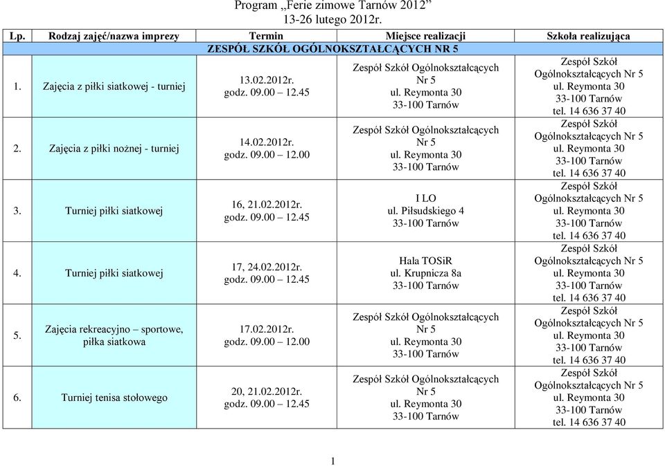 Zajęcia rekreacyjno sportowe, piłka siatkowa 6. Turniej tenisa stołowego 16, 202.2012r. godz. 09.00 12.45 17, 24.02.2012r. godz. 09.00 12.45 17.02.2012r. 20, 202.2012r. godz. 09.00 12.45 Ogólnokształcących Nr 5 ul.