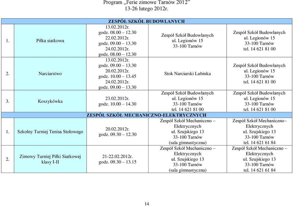 Legionów 15 Stok Narciarski Lubinka Budowlanych ul. Legionów 15 tel. 14 621 81 00 ZESPÓŁ SZKÓŁ MECHANICZNO-ELEKTRYCZNYCH Mechaniczno Elektrycznych 20.02.2012r. ul. Szujskiego 13 godz. 09.30 12.