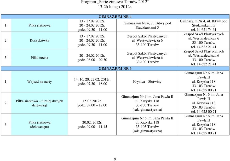 Bitwy pod Studziankami 5 Plastycznych ul. Westwalewicza 6 Plastycznych ul. Westwalewicza 6 Krynica - Słotwiny Gimnazjum Nr 6 im. Jana Pawła II Gimnazjum Nr 6 im. Jana Pawła II Gimnazjum Nr 4, ul.