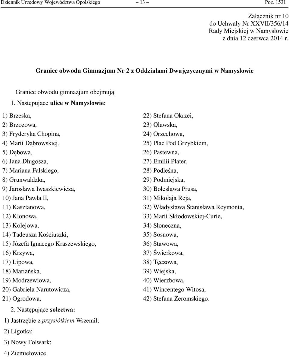 6) Jana Długosza, 27) Emilii Plater, 7) Mariana Falskiego, 28) Podleśna, 8) Grunwaldzka, 29) Podmiejska, 9) Jarosława Iwaszkiewicza, 30) Bolesława Prusa, 10) Jana Pawła II, 31) Mikołaja Reja, 11)