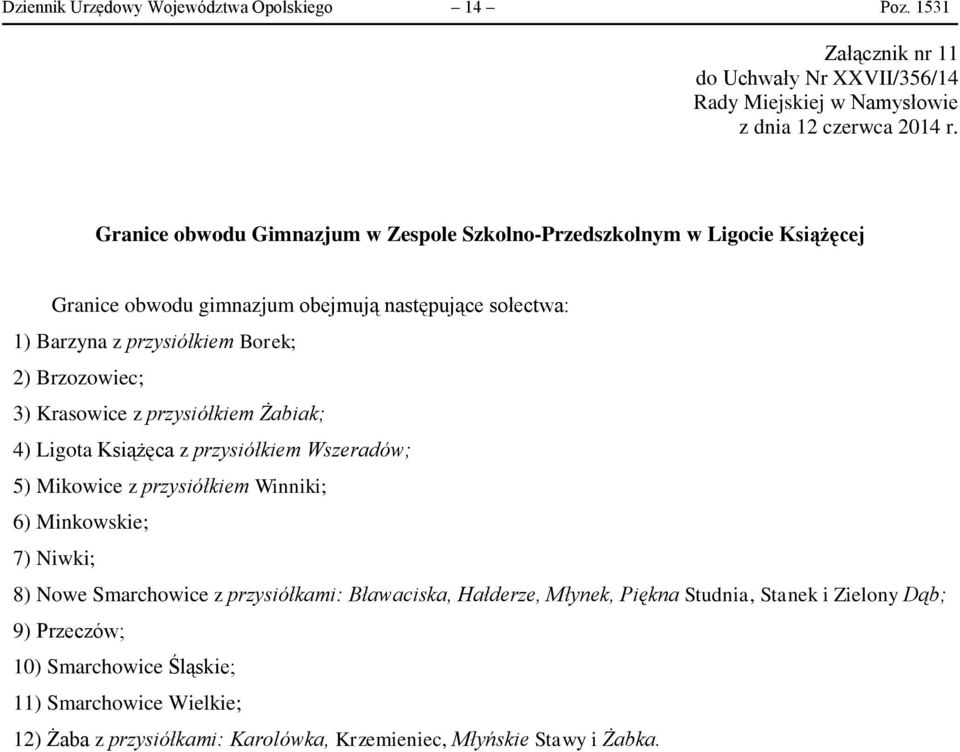 Barzyna z przysiółkiem Borek; 2) Brzozowiec; 3) Krasowice z przysiółkiem Żabiak; 4) Ligota Książęca z przysiółkiem Wszeradów; 5) Mikowice z przysiółkiem