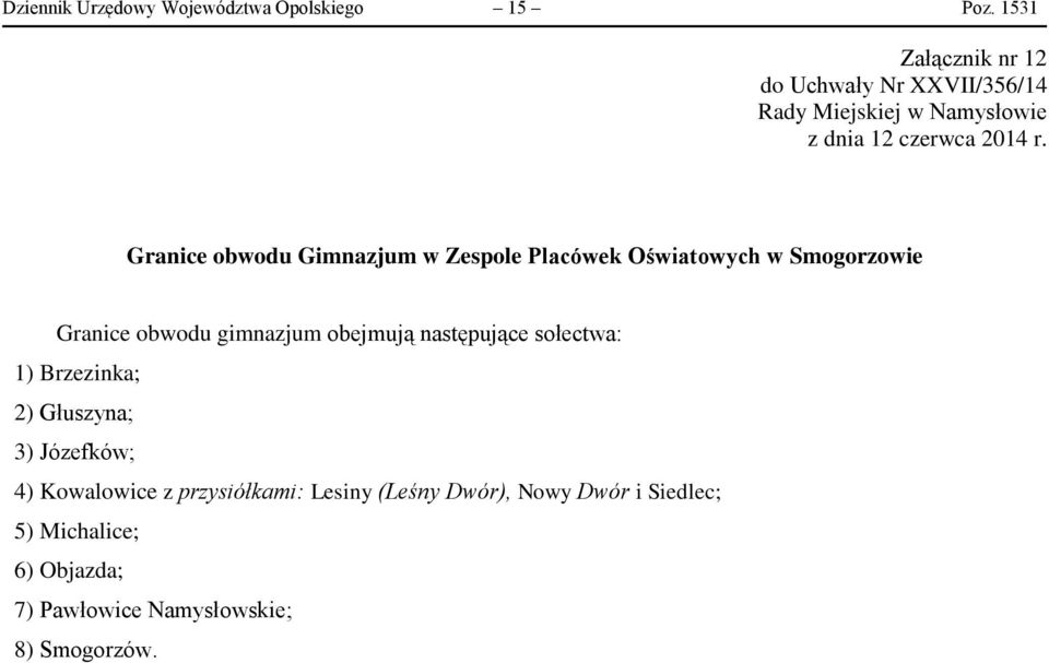 Granice obwodu gimnazjum obejmują następujące sołectwa: 1) Brzezinka; 2) Głuszyna; 3)