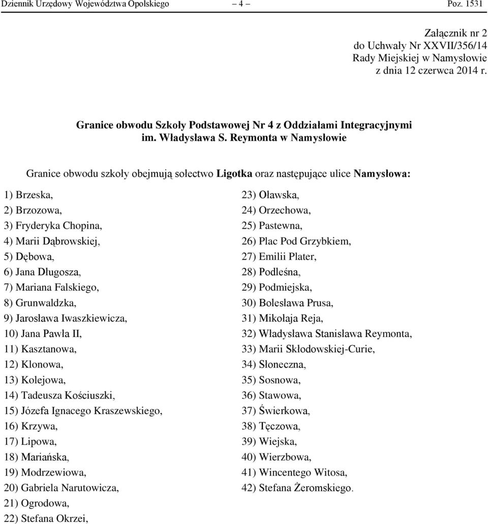 Marii Dąbrowskiej, 26) Plac Pod Grzybkiem, 5) Dębowa, 27) Emilii Plater, 6) Jana Długosza, 28) Podleśna, 7) Mariana Falskiego, 29) Podmiejska, 8) Grunwaldzka, 30) Bolesława Prusa, 9) Jarosława