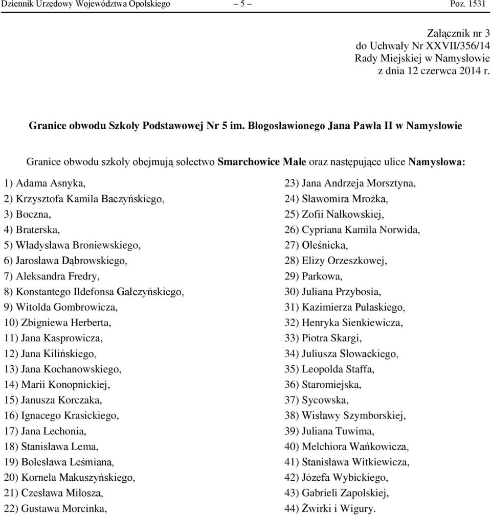 Kamila Baczyńskiego, 24) Sławomira Mrożka, 3) Boczna, 25) Zofii Nałkowskiej, 4) Braterska, 26) Cypriana Kamila Norwida, 5) Władysława Broniewskiego, 27) Oleśnicka, 6) Jarosława Dąbrowskiego, 28)