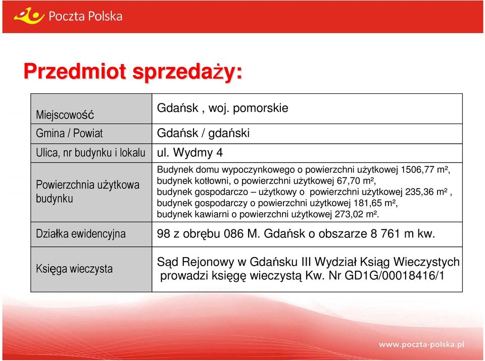 użytkowej 67,70 m², budynek gospodarczo użytkowy o powierzchni użytkowej 235,36 m², budynek gospodarczy o powierzchni użytkowej 181,65 m², budynek kawiarni o