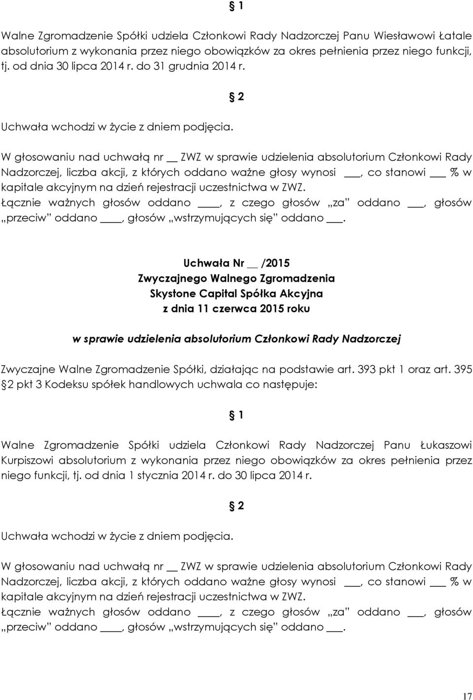 Walne Zgromadzenie Spółki udziela Członkowi Rady Nadzorczej Panu Łukaszowi Kurpiszowi absolutorium z wykonania