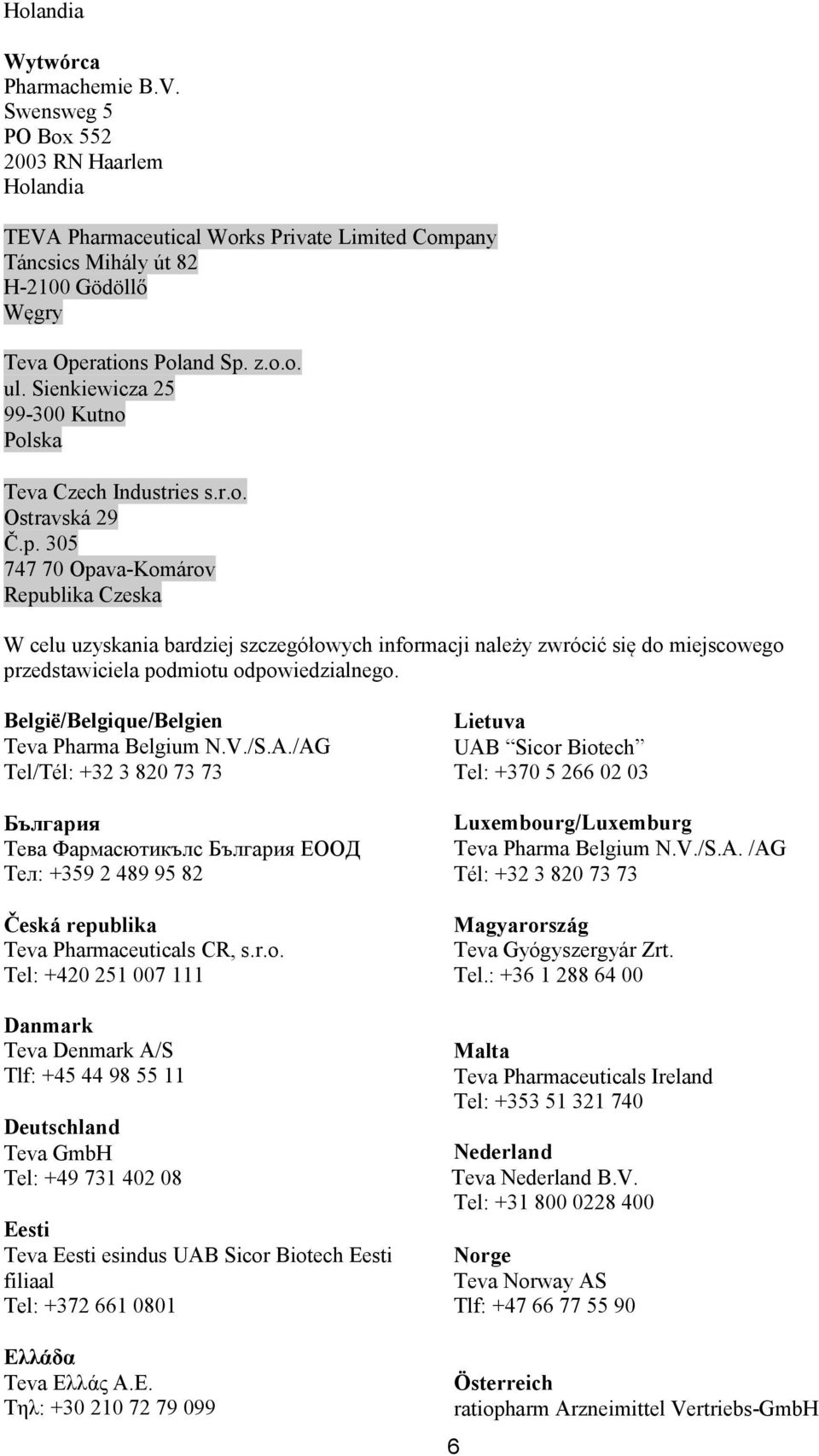 Sienkiewicza 25 99-300 Kutno Polska Teva Czech Industries s.r.o. Ostravská 29 Č.p.