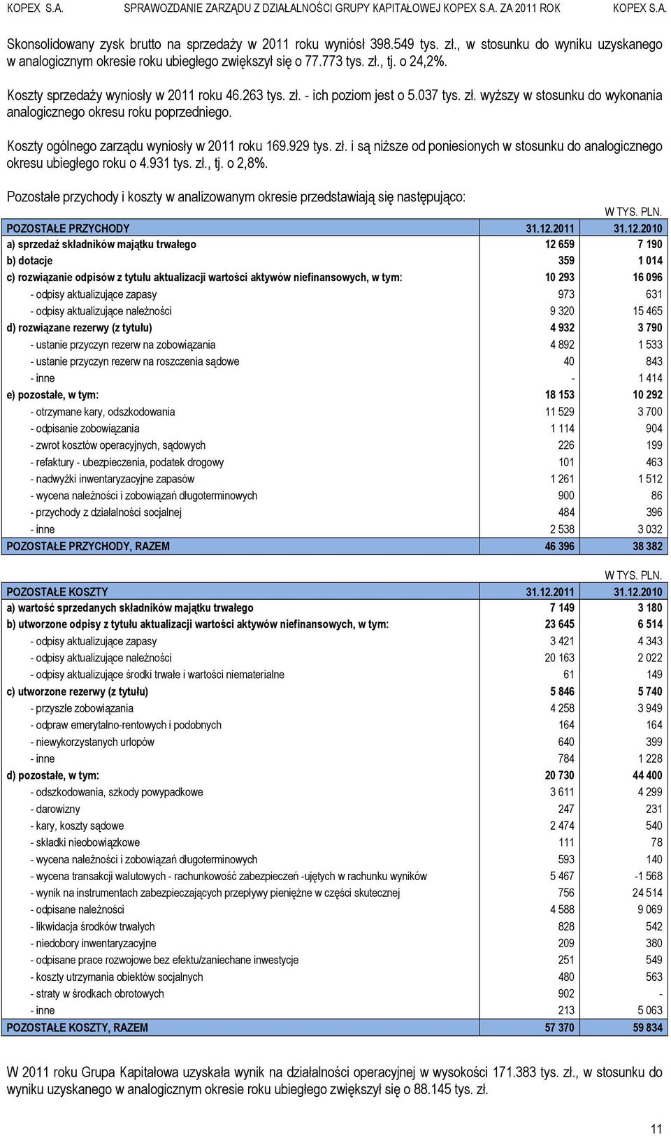 Koszty ogólnego zarządu wyniosły w 2011 roku 169.929 tys. zł. i są niższe od poniesionych w stosunku do analogicznego okresu ubiegłego roku o 4.931 tys. zł., tj. o 2,8%.