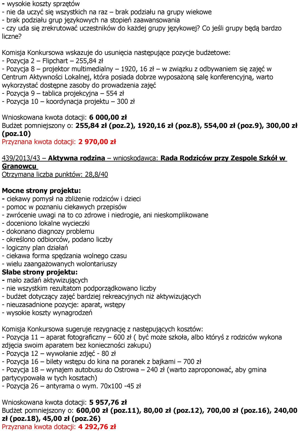 Komisja Konkursowa wskazuje do usunięcia następujące pozycje budżetowe: - Pozycja 2 Flipchart 255,84 zł - Pozycja 8 projektor multimedialny 1920, 16 zł w związku z odbywaniem się zajęć w Centrum