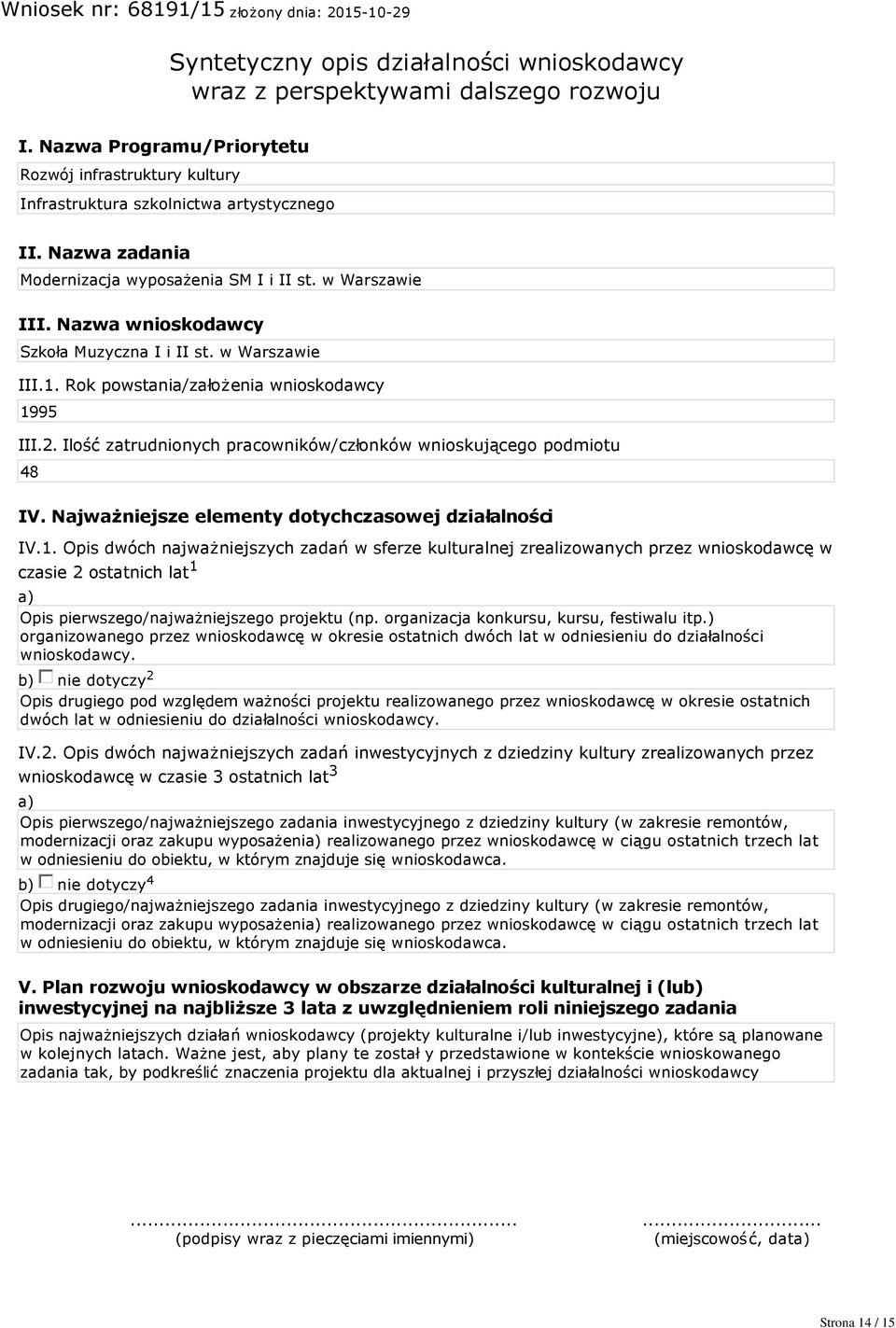 Ilość zatrudnionych pracowników/członków wnioskującego podmiotu 48 IV. Najważniejsze elementy dotychczasowej działalności IV.1.