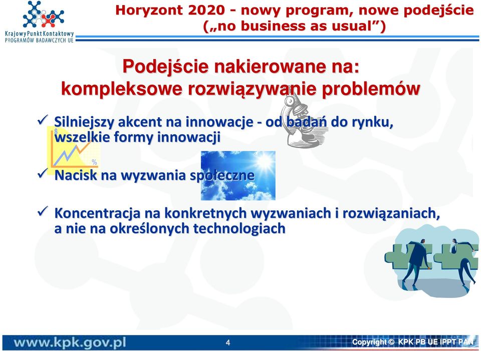 rynku, wszelkie formy innowacji Nacisk na wyzwania społeczne Koncentracja na konkretnych