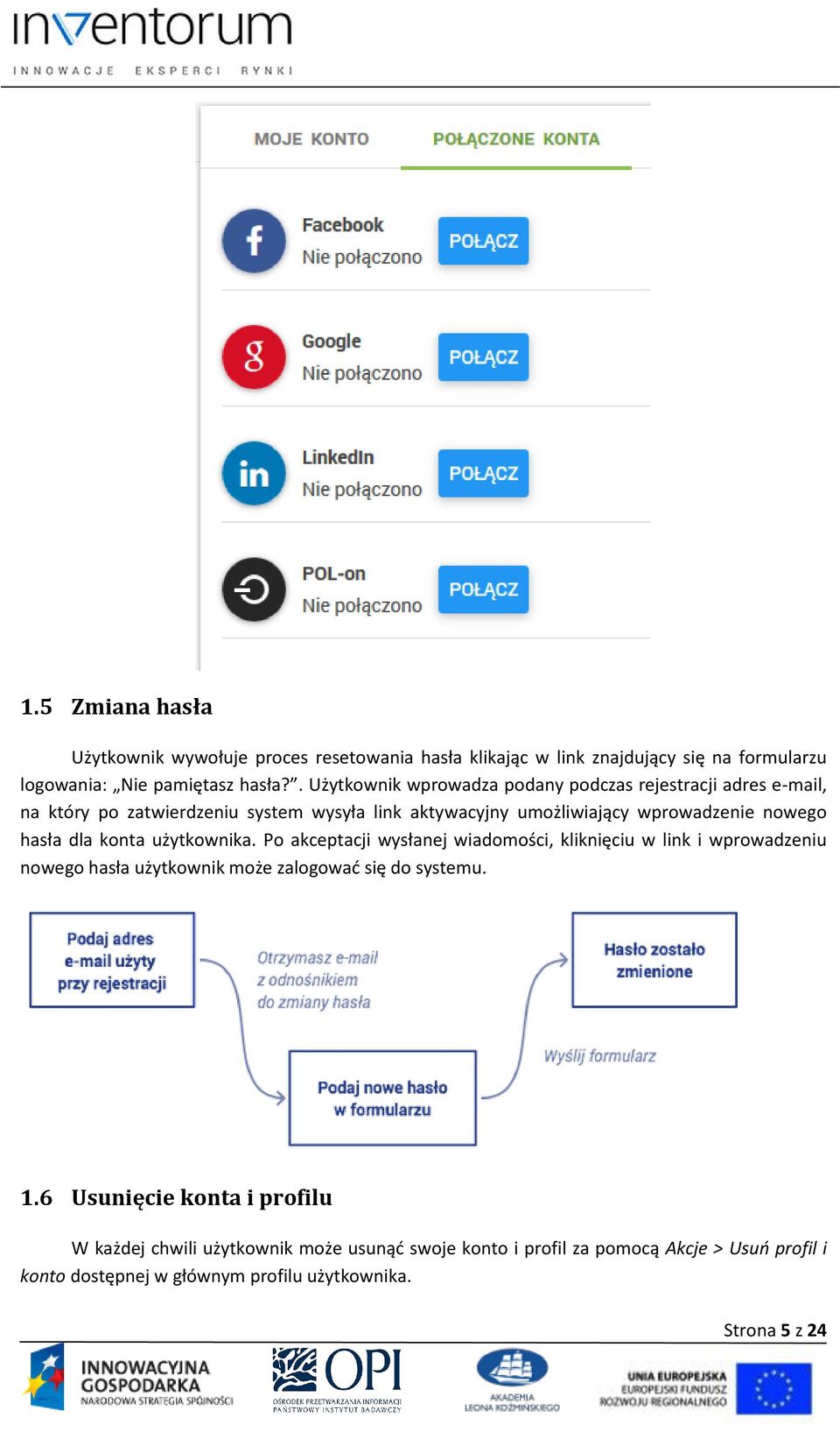 hasła dla konta użytkownika. Po akceptacji wysłanej wiadomości, kliknięciu w link i wprowadzeniu nowego hasła użytkownik może zalogować się do systemu. 1.