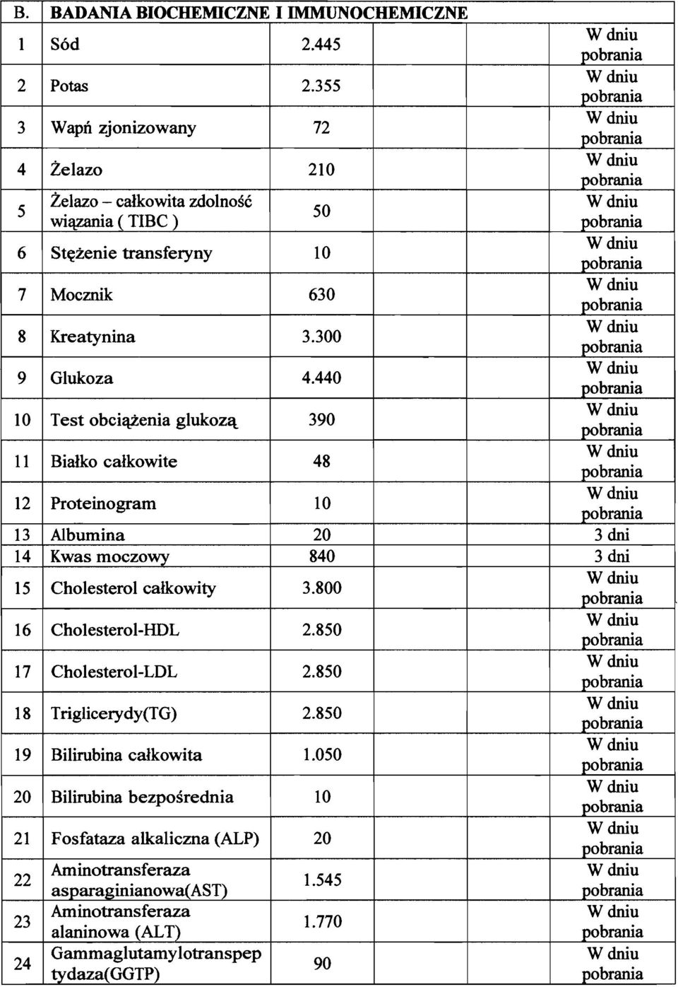 440 10 Test obciazenia glukoza 390 11 Bialko calkowite 48 12 Proteinogram 10 13 Albumina 20 3 dni 14 Kwas moczowy 840 3 dni 15 Cholesterol calkowity 3.