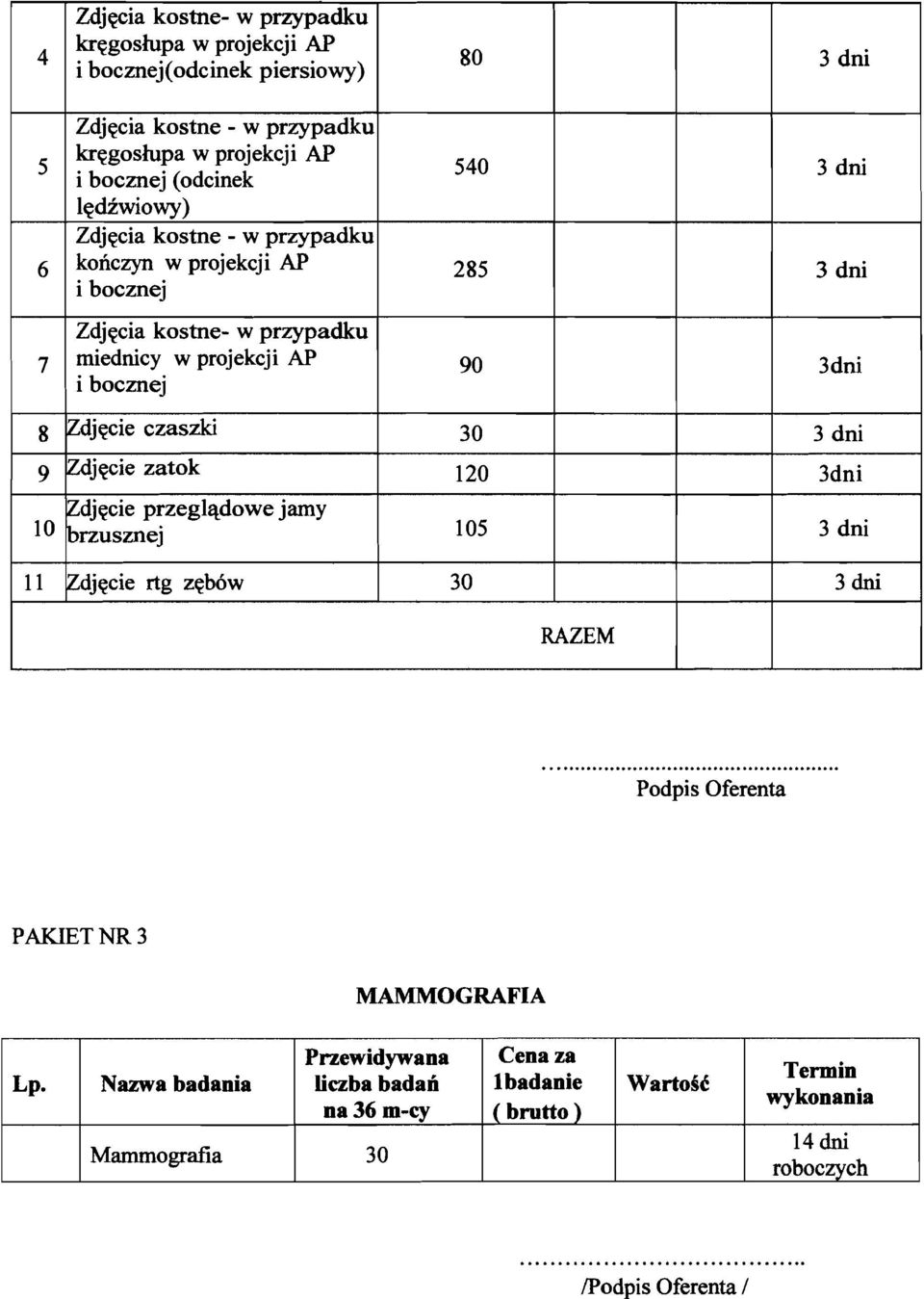 3dni 8 ~djetcie czaszki 30 3 dni 9 ~jetcie zatok 120 3dni 10 ~djetcie przegladowe jamy Ibrzusznej 105 3 dni 11 ~jetcie rtg zebow 30 3 dni RAZEM Podpis Oferenta