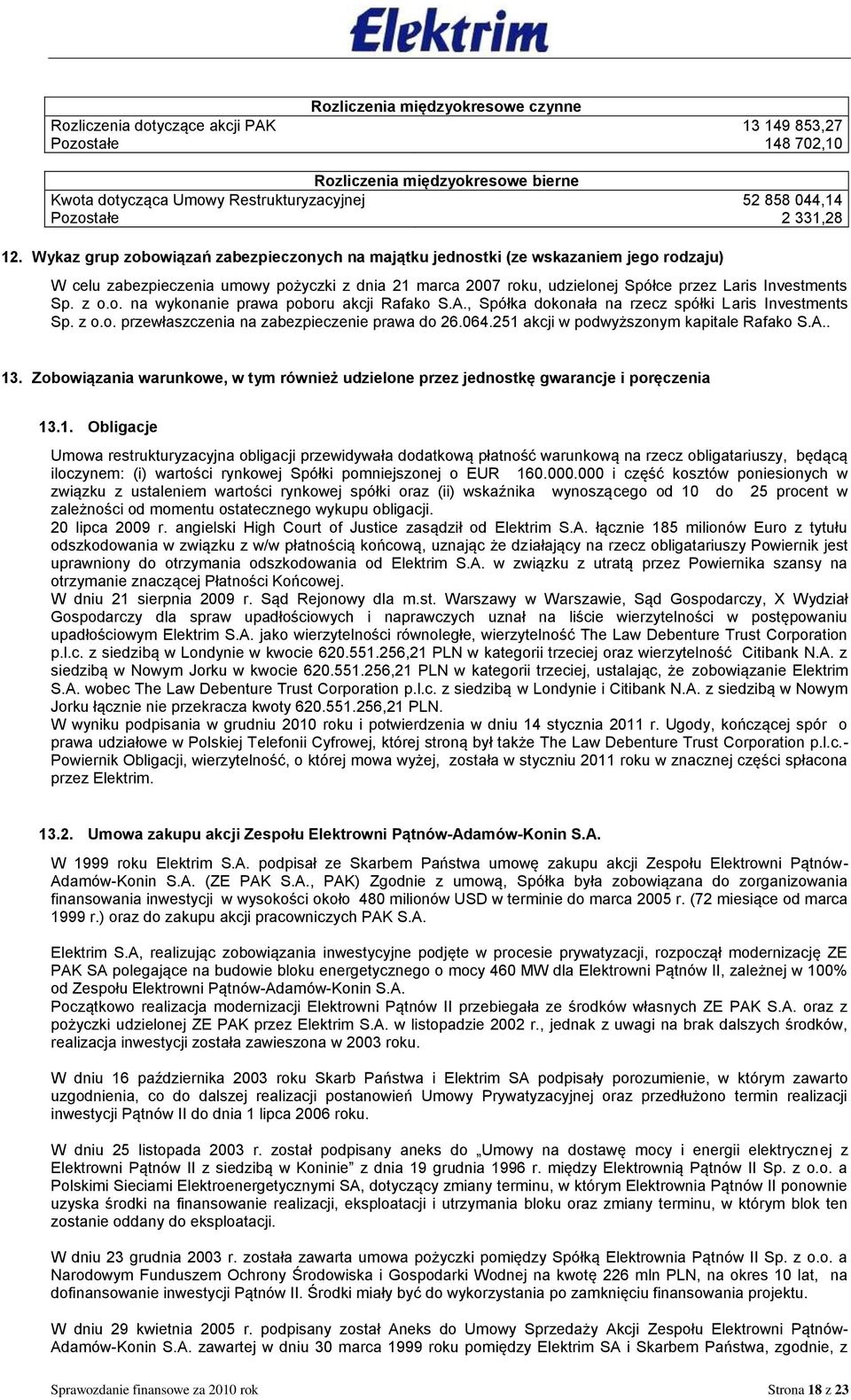 Wykaz grup zobowiązań zabezpieczonych na majątku jednostki (ze wskazaniem jego rodzaju) W celu zabezpieczenia umowy pożyczki z dnia 21 marca 2007 roku, udzielonej Spółce przez Laris Investments Sp.