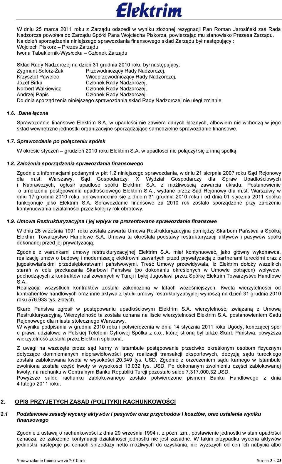 Na dzień sporządzenia niniejszego sprawozdania finansowego skład Zarządu był następujący : Wojciech Piskorz Prezes Zarządu Iwona Tabakiernik-Wysłocka Członek Zarządu Skład Rady Nadzorczej na dzień 31