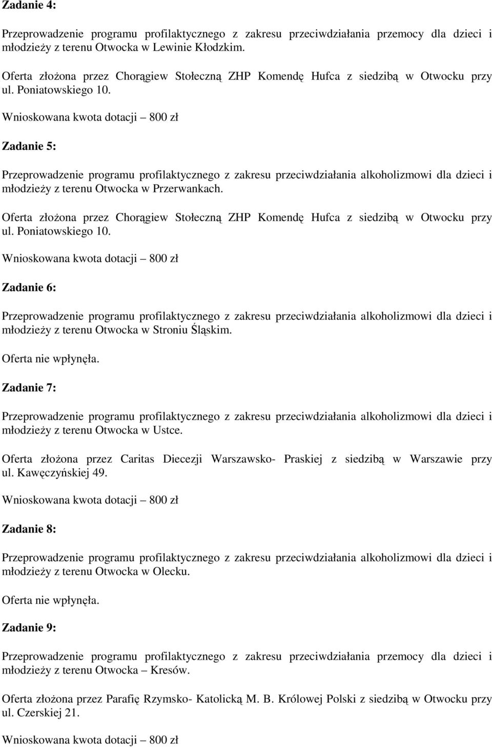 Zadanie 7: przeciwdziałania alkoholizmowi dla dzieci i młodzieży z terenu Otwocka w Ustce. Oferta złożona przez Caritas Diecezji Warszawsko- Praskiej z siedzibą w Warszawie przy ul. Kawęczyńskiej 49.