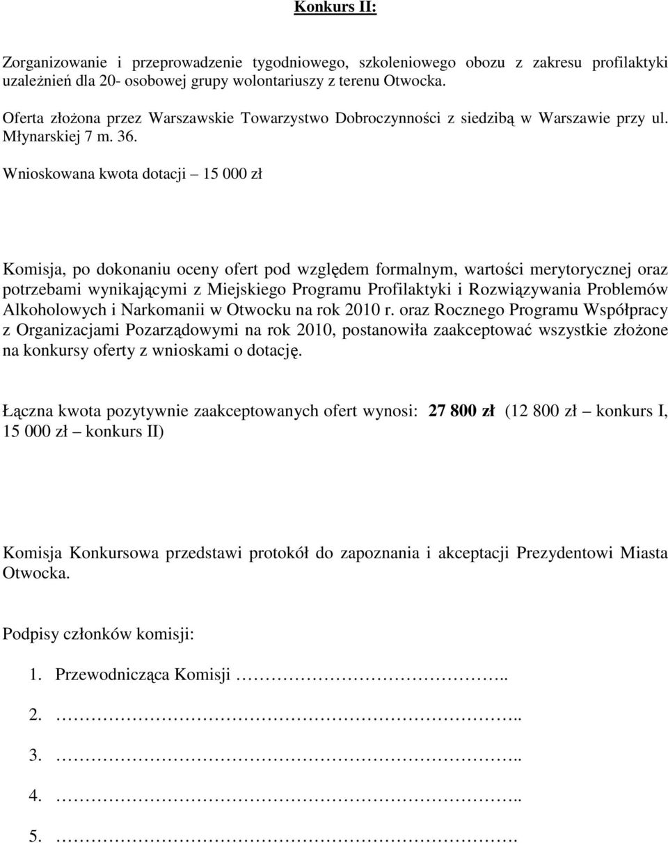 Wnioskowana kwota dotacji 15 000 zł Komisja, po dokonaniu oceny ofert pod względem formalnym, wartości merytorycznej oraz potrzebami wynikającymi z Miejskiego Programu Profilaktyki i Rozwiązywania