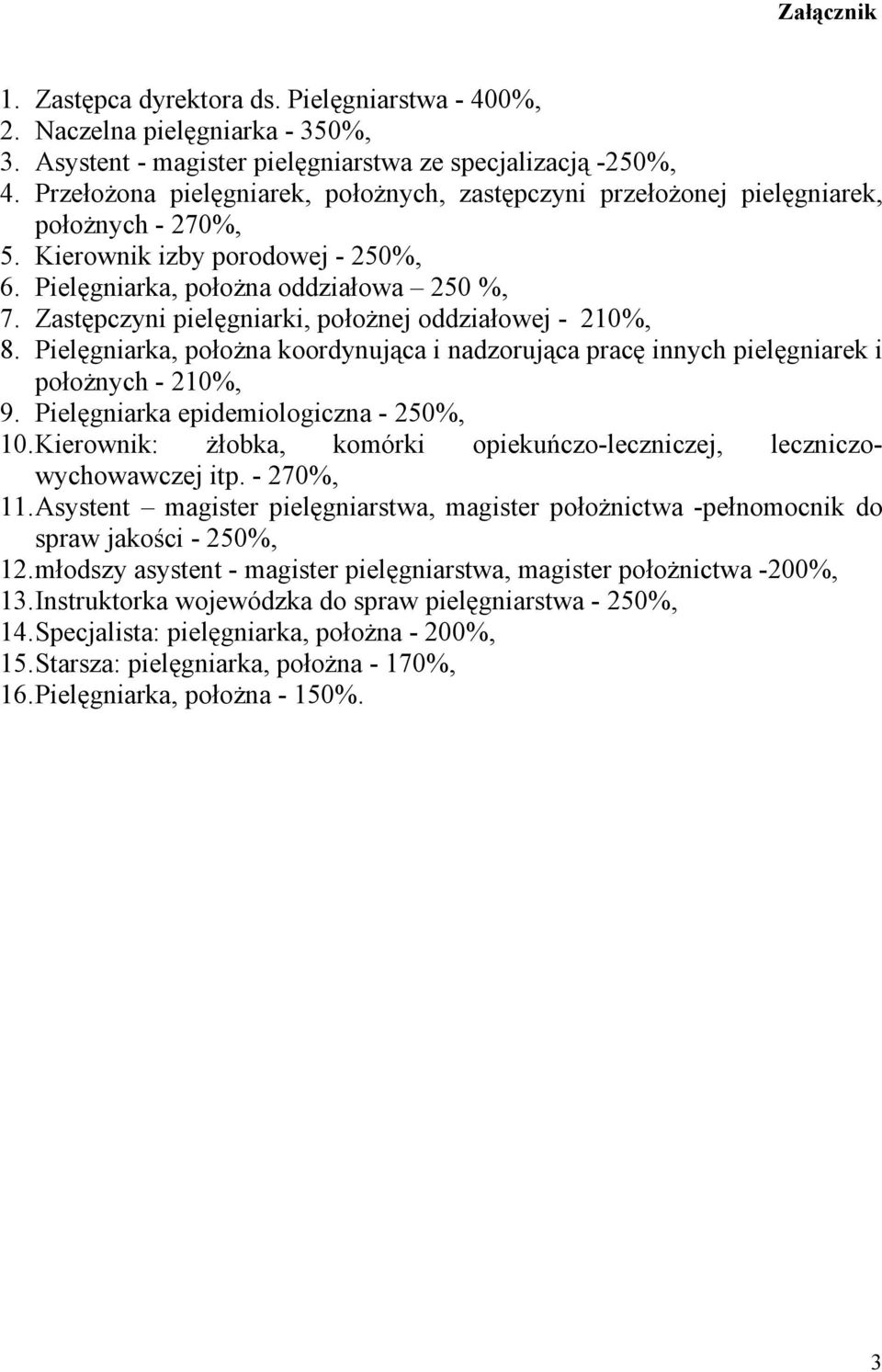 Zastępczyni pielęgniarki, położnej oddziałowej - 210%, 8. Pielęgniarka, położna koordynująca i nadzorująca pracę innych pielęgniarek i położnych - 210%, 9. Pielęgniarka epidemiologiczna - 250%, 10.