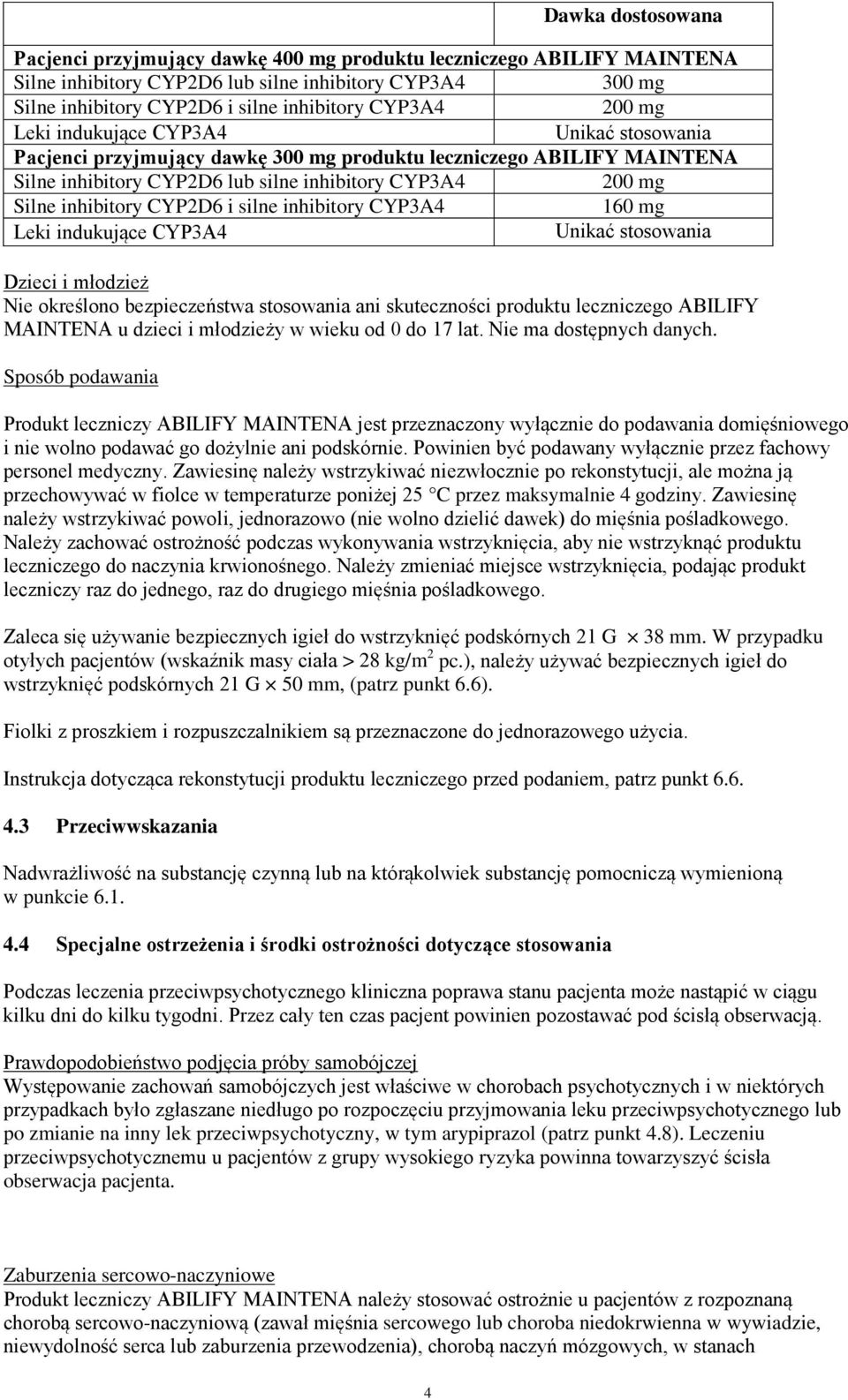 CYP2D6 i silne inhibitory CYP3A4 160 mg Leki indukujące CYP3A4 Unikać stosowania Dzieci i młodzież Nie określono bezpieczeństwa stosowania ani skuteczności produktu leczniczego ABILIFY MAINTENA u