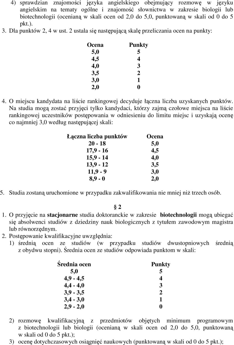 O miejscu kandydata na liście rankingowej decyduje łączna liczba uzyskanych punktów.