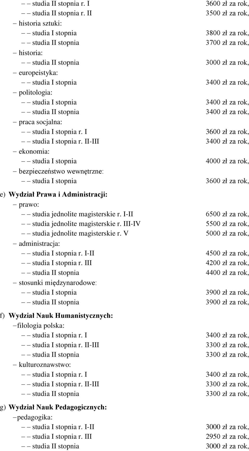 za rok, studia II stopnia 3400 zł za rok, praca socjalna: studia I stopnia r. I 3600 zł za rok, studia I stopnia r.