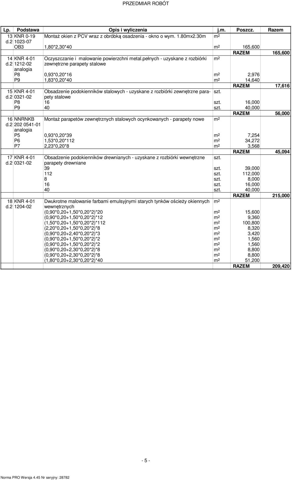 2 1212-02 analogia zewnętrzne parapety stalowe P8 0,93*0,20*16 m 2 2,976 P9 1,83*0,20*40 m 2 14,640 RAZEM 17,616 15 KNR 4-01 Obsadzenie podokienników stalowych - uzyskane z rozbiórki zewnętrzne