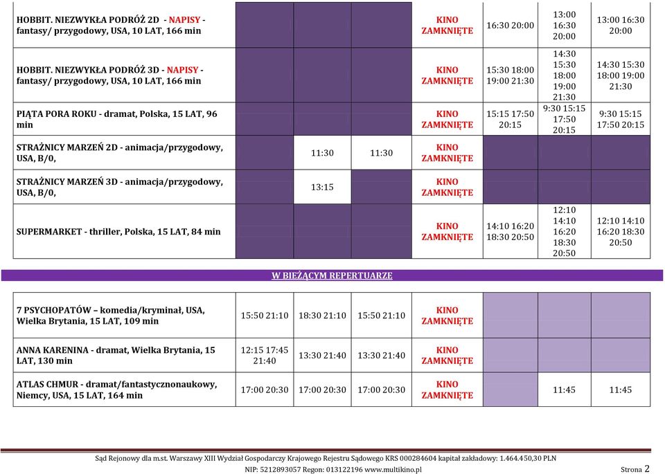 STRAŻNICY MARZEŃ 2D - animacja/przygodowy, USA, B/0, 11:30 11:30 STRAŻNICY MARZEŃ 3D - animacja/przygodowy, USA, B/0, 13:15 SUPERMARKET - thriller, Polska, 15 LAT, 84 min 14:10 16:20 18:30 20:50