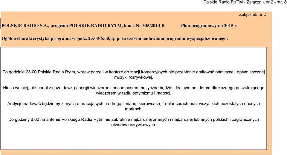 poza czasem nadawania programu wyspecjalizowanego: Po godzinie 23: Polskie Radio Rytm, wbrew porze i w kontrze do stacji komercyjnych nie przestanie emitować rytmicznej, optymistycznej muzyki