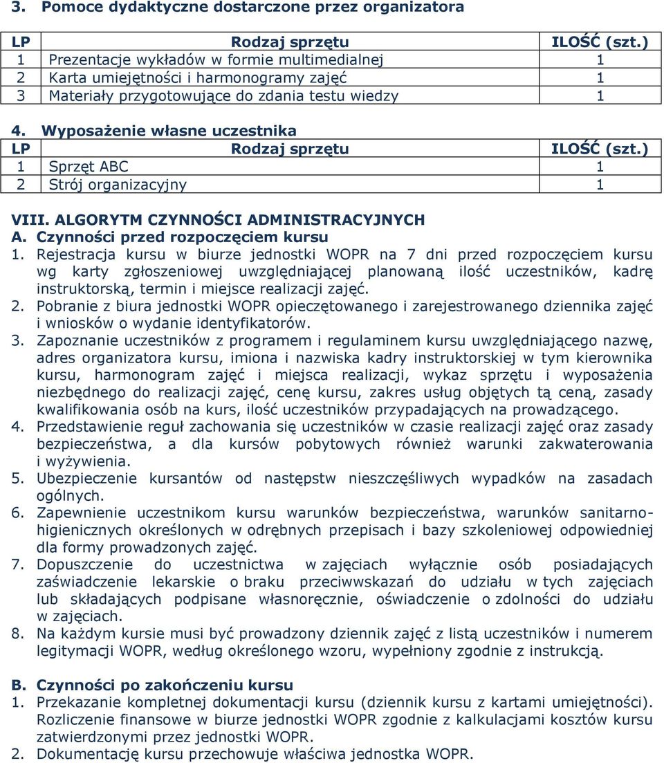 Wyposażenie własne uczestnika LP Rodzaj sprzętu ILOŚĆ (szt.) Sprzęt ABC 2 Strój organizacyjny VIII. ALGORYTM CZYNNOŚCI ADMINISTRACYJNYCH A. Czynności przed rozpoczęciem kursu.