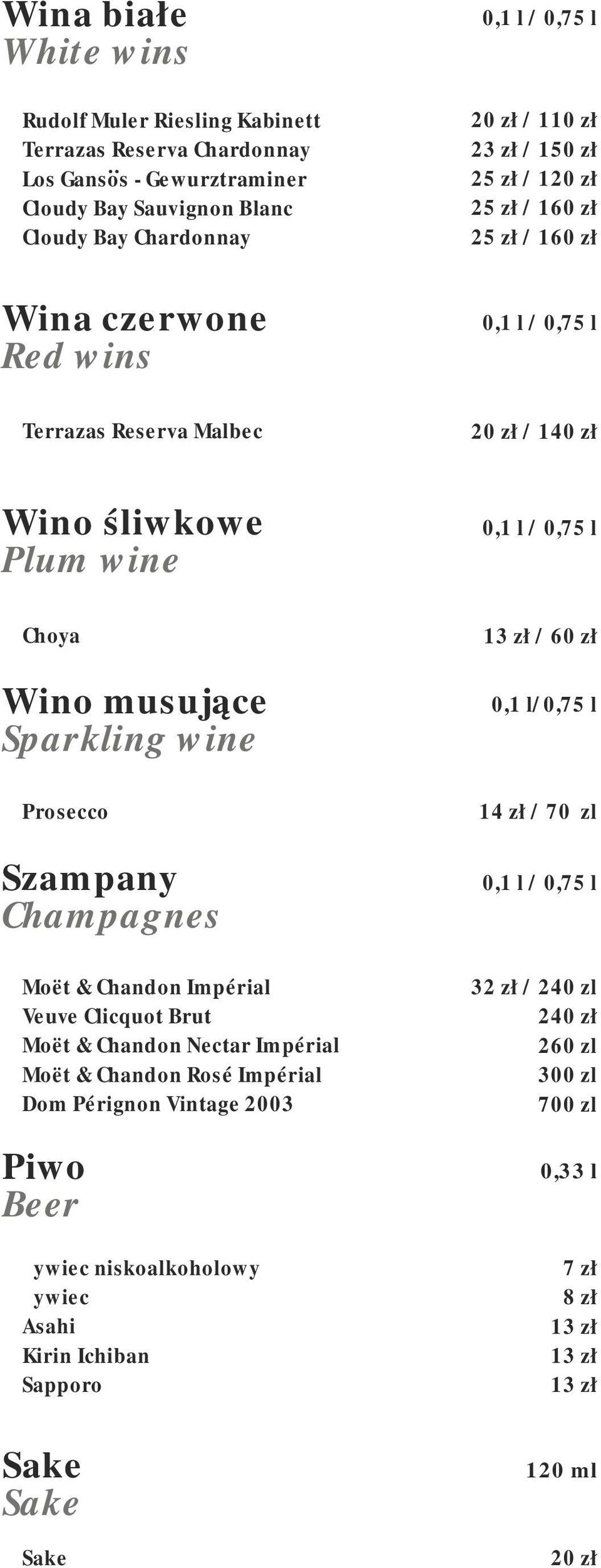 wine Prosecco Szampany Champagnes Moët & Chandon Impérial Veuve Clicquot Brut Moët & Chandon Nectar Impérial Moët & Chandon Rosé Impérial Dom Pérignon Vintage 2003 Piwo Beer Żywiec niskoalkoholowy