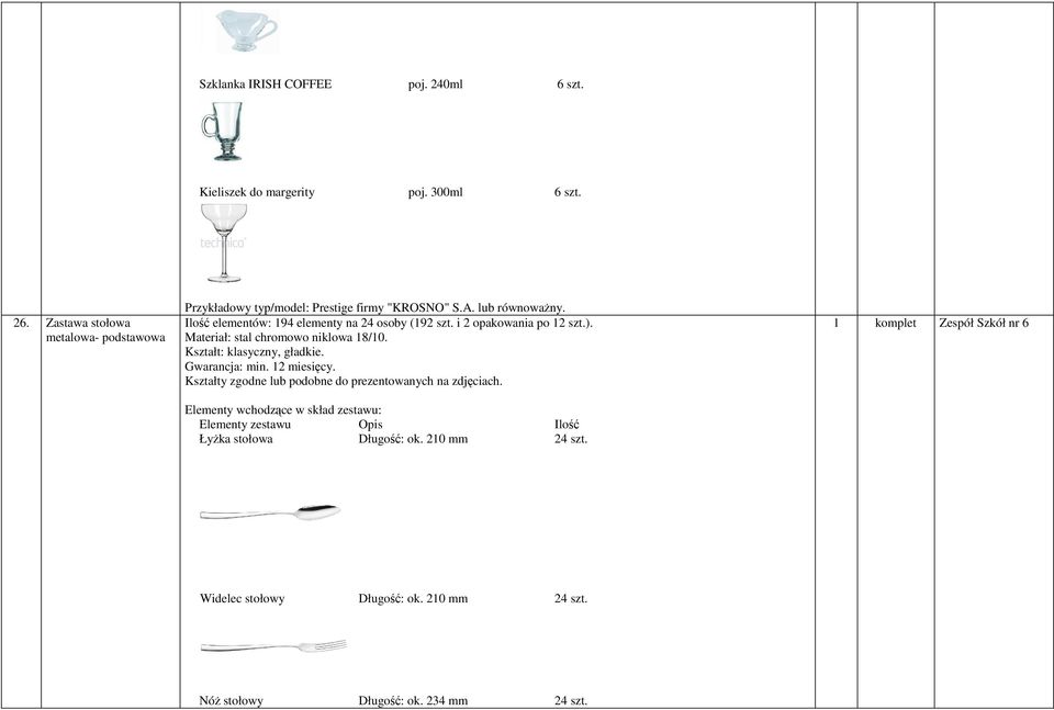 Ilość elementów: 194 elementy na 24 osoby (192 szt. i 2 opakowania po 12 szt.). Materiał: stal chromowo niklowa 18/10. Kształt: klasyczny, gładkie.