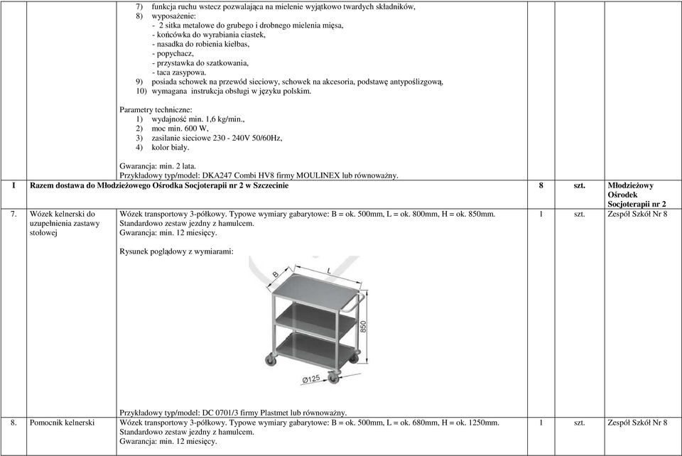 9) posiada schowek na przewód sieciowy, schowek na akcesoria, podstawę antypoślizgową, 10) wymagana instrukcja obsługi w języku polskim. Parametry techniczne: 1) wydajność min. 1,6 kg/min.