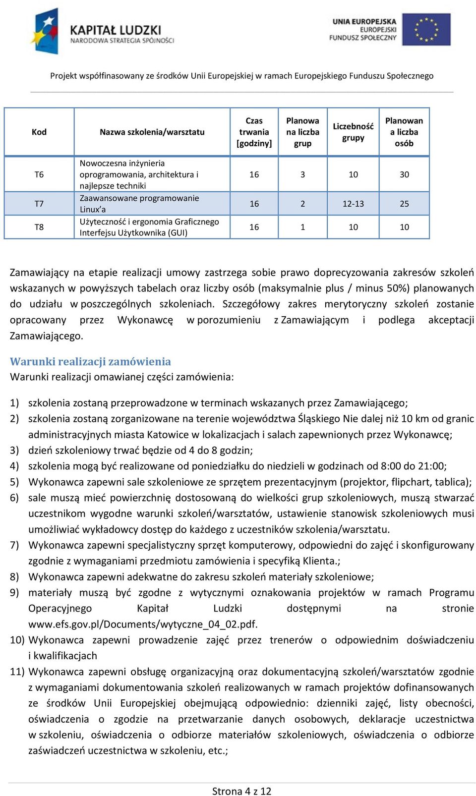 doprecyzowania zakresów szkoleń wskazanych w powyższych tabelach oraz liczby osób (maksymalnie plus / minus 50%) planowanych do udziału w poszczególnych szkoleniach.