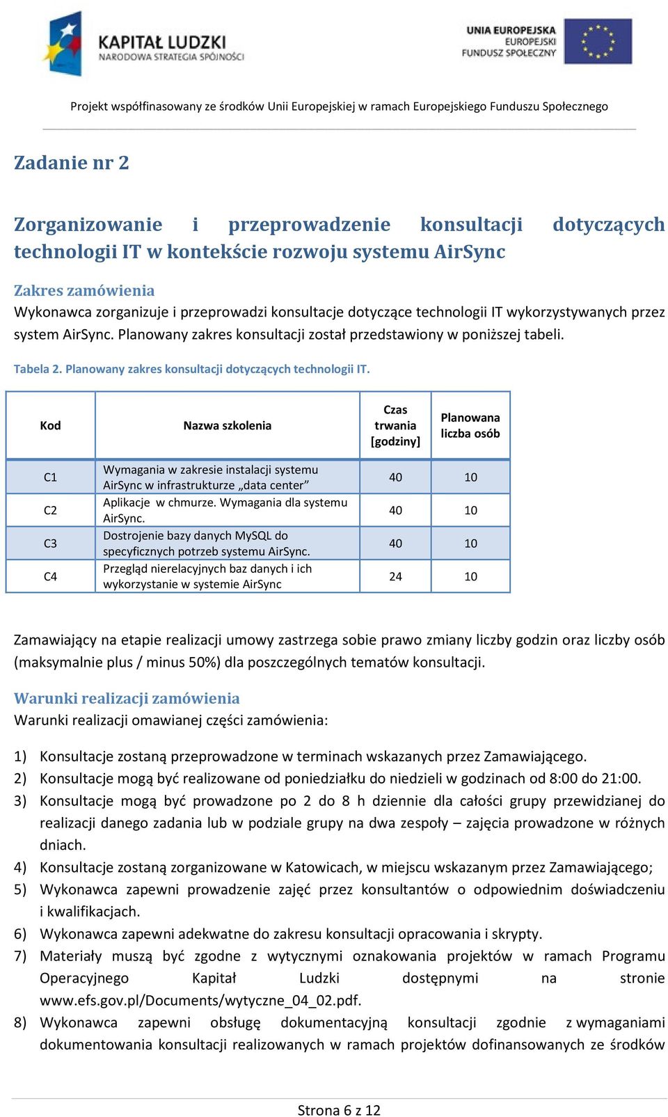 Kod Nazwa szkolenia Czas trwania [godziny] Planowana liczba osób C1 C2 C3 C4 Wymagania w zakresie instalacji systemu AirSync w infrastrukturze data center Aplikacje w chmurze.