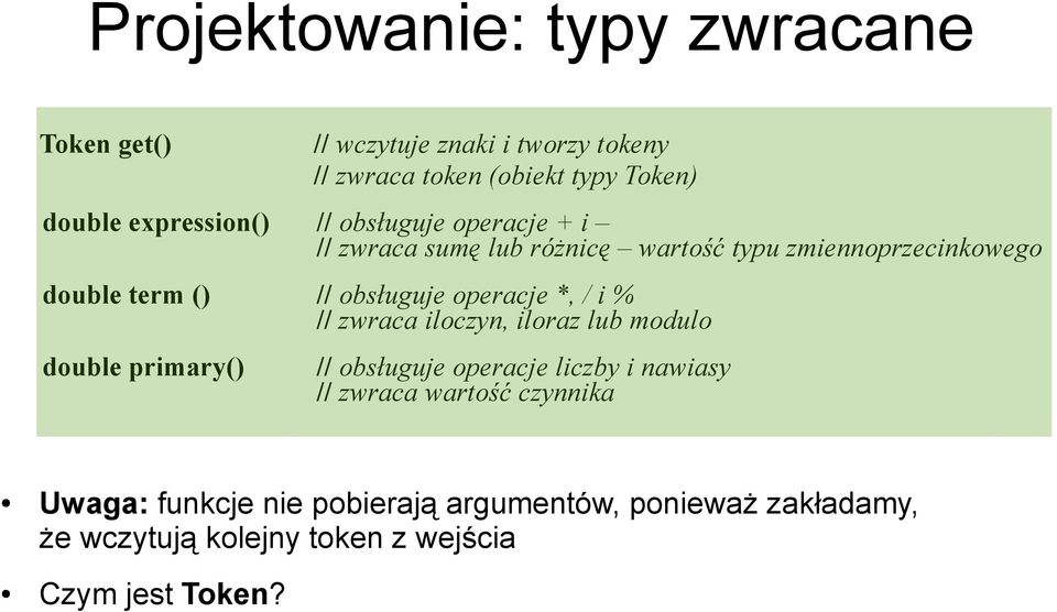 obsługuje operacje *, / i % // zwraca iloczyn, iloraz lub modulo double primary() // obsługuje operacje liczby i nawiasy //