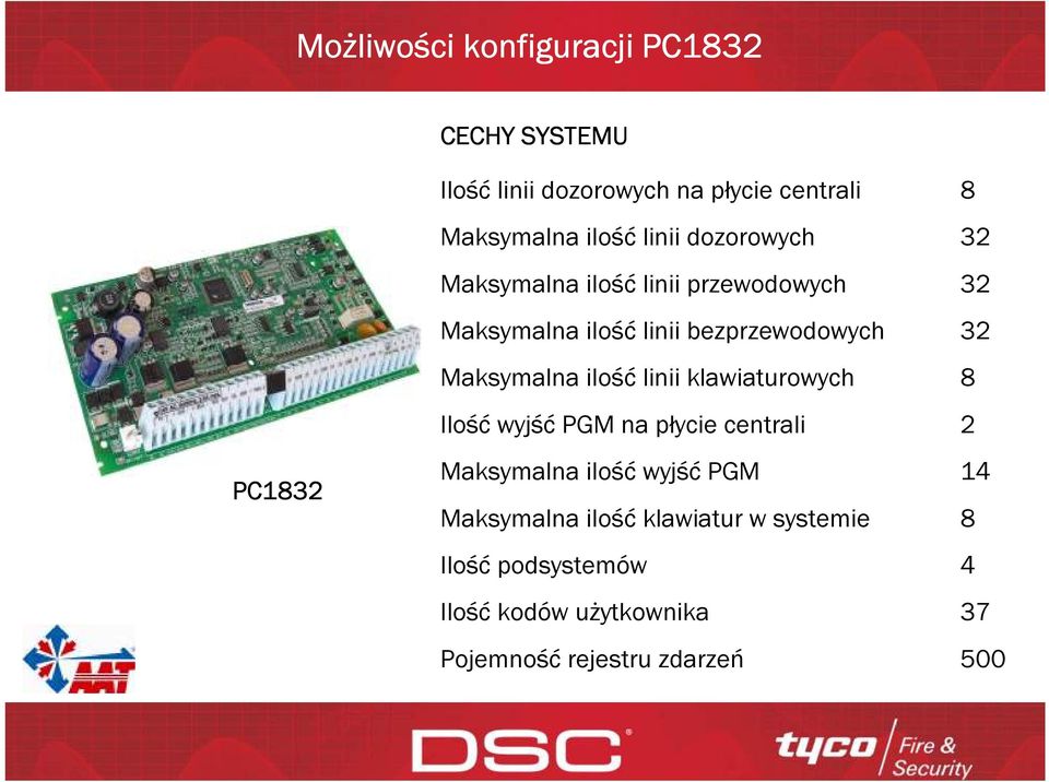 Maksymalna ilość linii klawiaturowych 8 Ilość wyjść PGM na płycie centrali 2 PC1832 Maksymalna ilość wyjść PGM