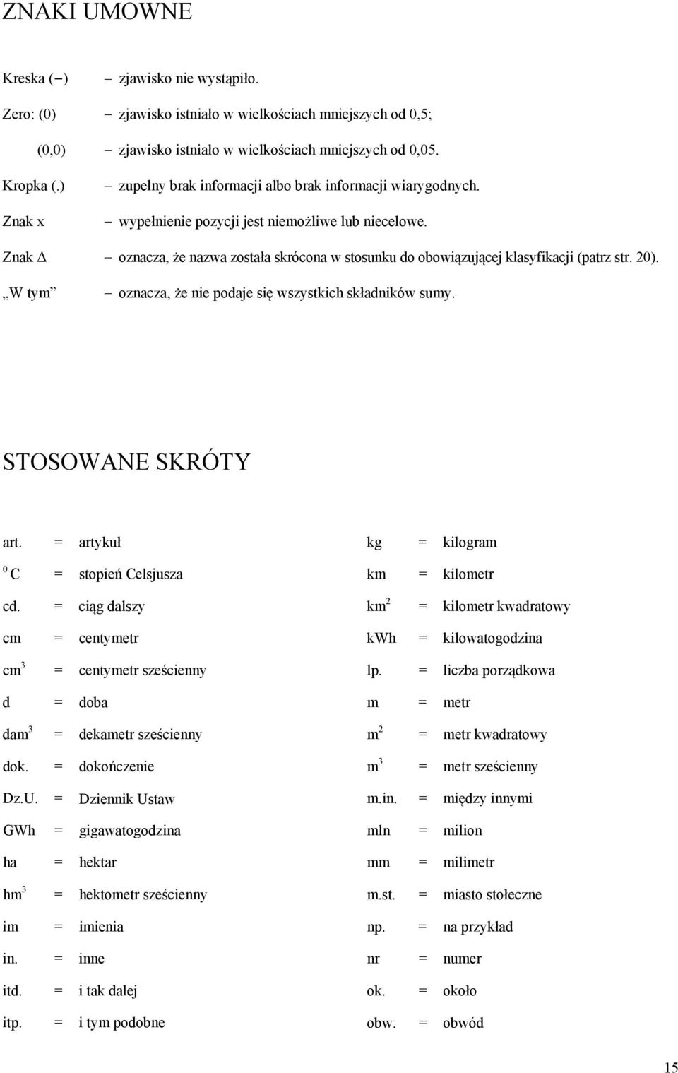 Znak Δ oznacza, że nazwa została skrócona w stosunku do obowiązującej klasyfikacji (patrz str. 20). W tym oznacza, że nie podaje się wszystkich składników sumy. STOSOWANE SKRÓTY art.