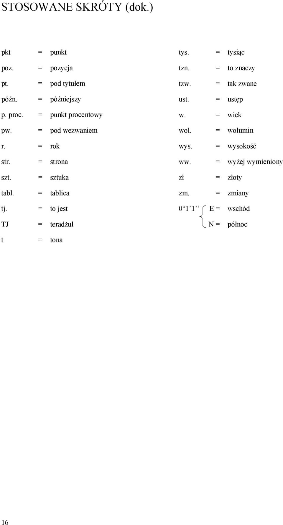 = to jest tys. = tysiąc tzn. = to znaczy tzw. = tak zwane ust. = ustęp w. = wiek wol. = wolumin wys.