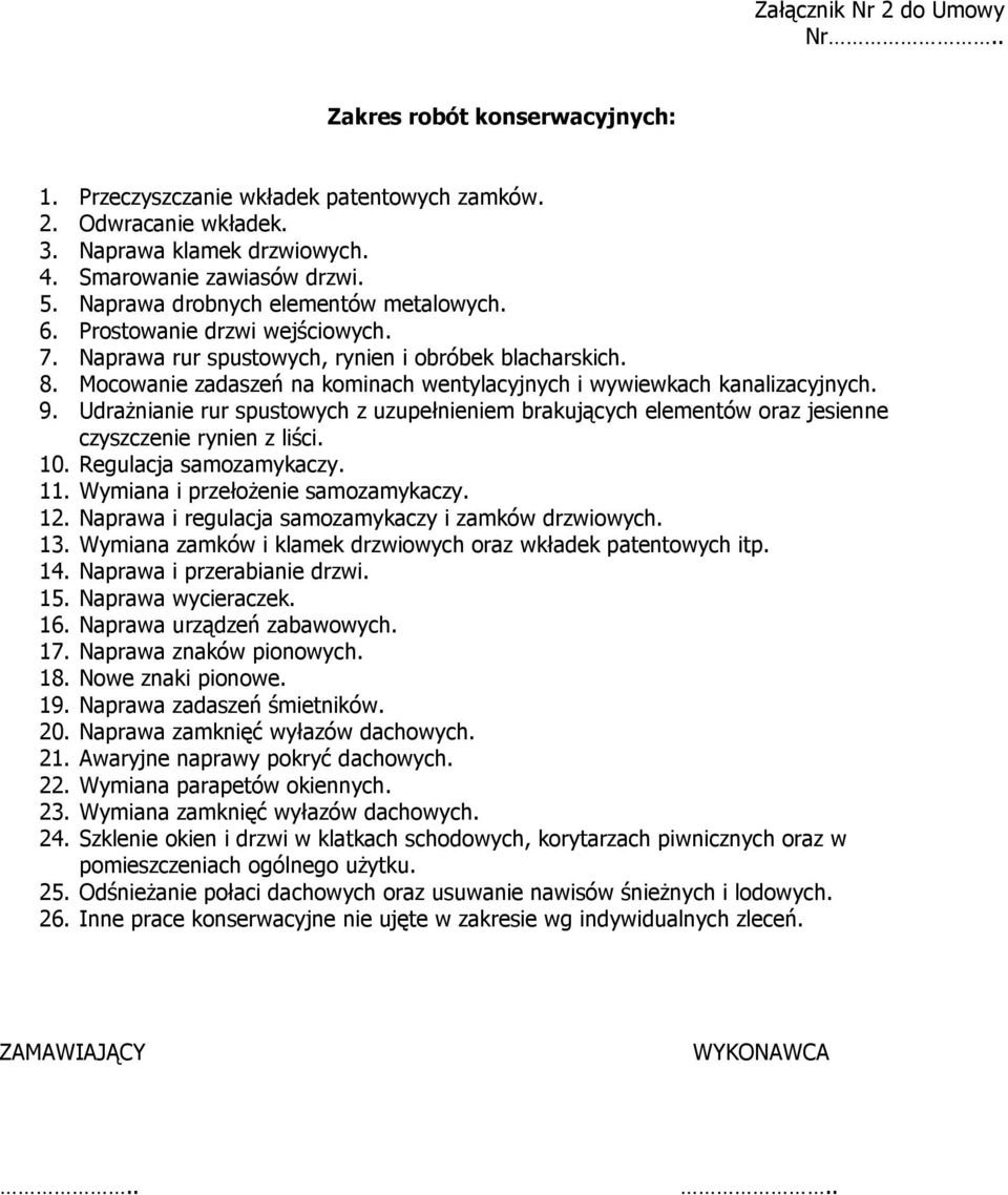 Mocowanie zadaszeń na kominach wentylacyjnych i wywiewkach kanalizacyjnych. 9. Udrażnianie rur spustowych z uzupełnieniem brakujących elementów oraz jesienne czyszczenie rynien z liści. 10.