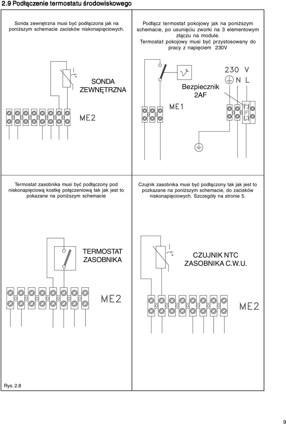 Termostat pokojowy musi być przystosowany do pracy z napięciem 230V SONDA ZEWNĘTRZNA Bezpiecznik 2AF Termostat zasobnika musi być podłączony pod niskonapięciową kostkę