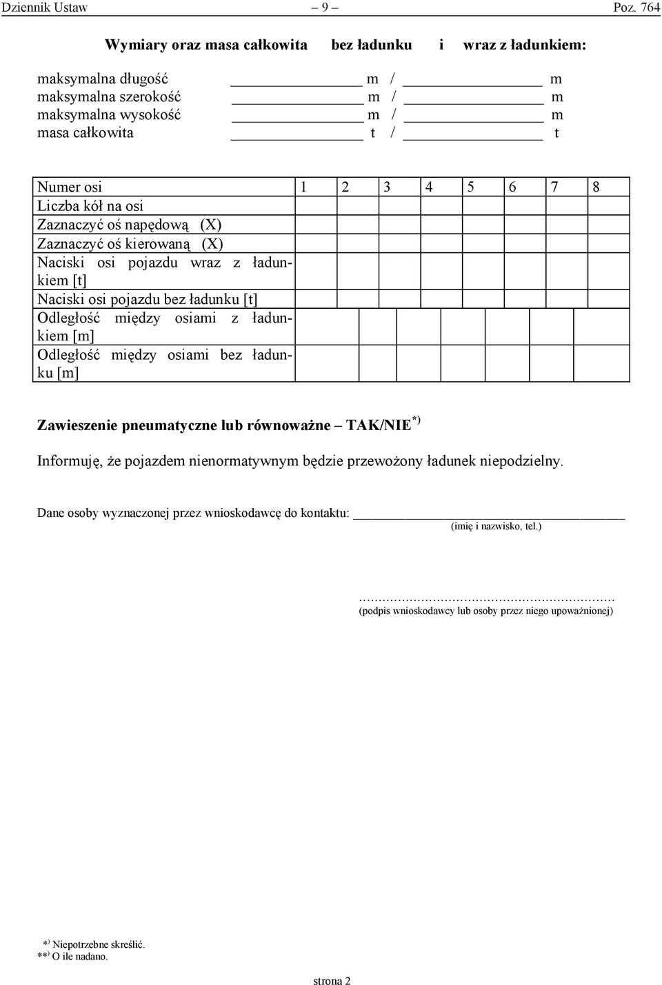 Liczba kół na osi Zaznaczyć oś napędową (X) Zaznaczyć oś kierowaną (X) Naciski osi pojazdu wraz z ładunkiem [t] Naciski osi pojazdu bez ładunku [t] Odległość między osiami z ładunkiem [m]