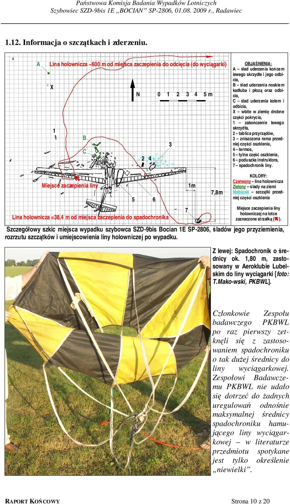 noskie m kadłuba i płozą oraz odbicia, C ślad uderzenia kołem i odbicia, X wbite w ziemię drobne części pokrycia, 1 zakończenie lewego skrzydła, 2 tablica przyrządów, 3 zniszczona rama przedniej