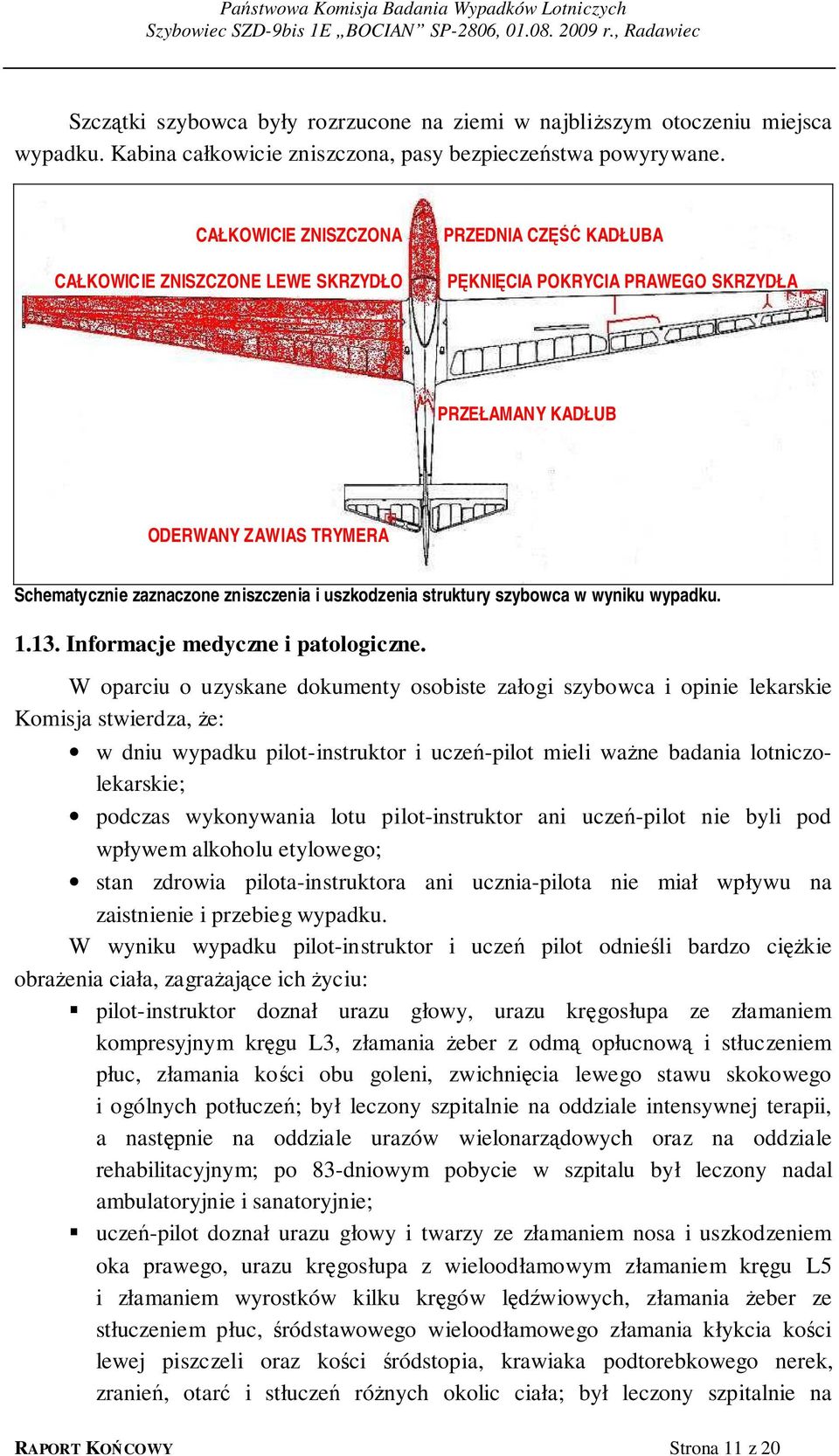 uszkodzenia struktury szybowca w wyniku wypadku. 1.13. Informacje medyczne i patologiczne.