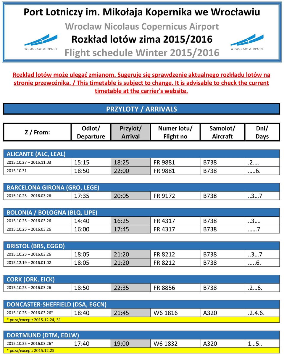 PRZYLOTY / ARRIVALS Z / From: Odlot/ Departure Przylot/ Arrival Numer lotu/ Flight no Samolot/ Aircraft Dni/ Days ALICANTE (ALC, LEAL) 2015.10.27 2015.11.03 15:15 18:25 FR 9881 B738.2. 2015.10.31 18:50 22:00 FR 9881 B738.