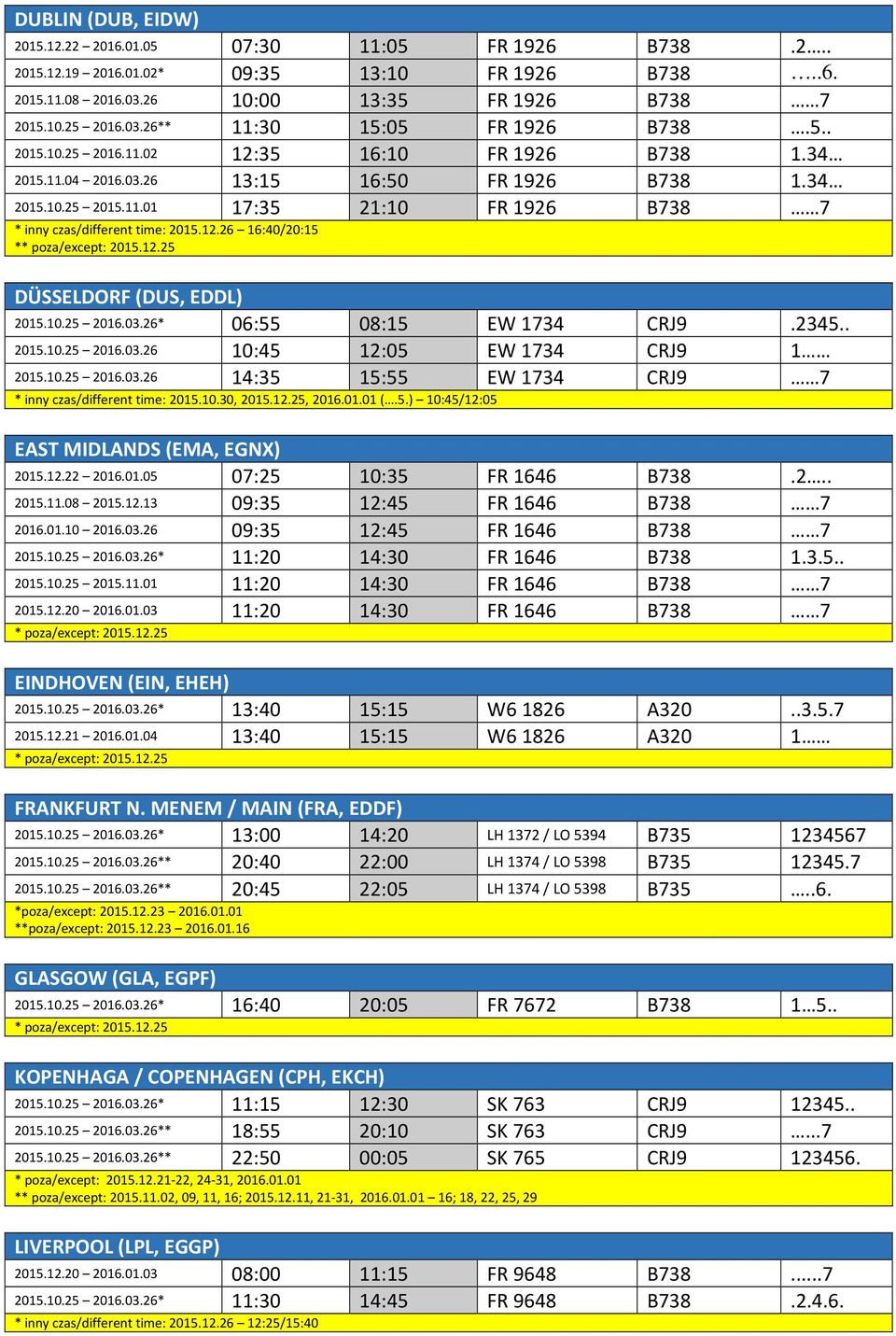 10.25 2016.03.26* 06:55 08:15 EW 1734 CRJ9.2345.. 2015.10.25 2016.03.26 10:45 12:05 EW 1734 CRJ9 1 2015.10.25 2016.03.26 14:35 15:55 EW 1734 CRJ9 7 * inny czas/different time: 2015.10.30, 2015.12.25, 2016.