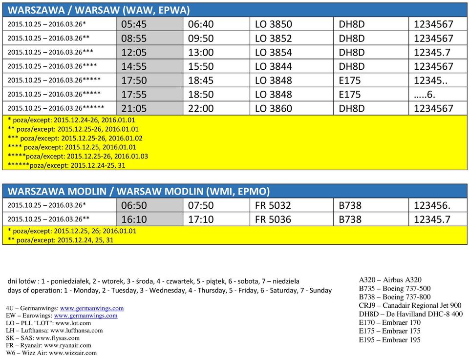 12.24-26, 2016.01.01 *-26, 2016.01.01 **-26, 2016.01.02 ***, 2016.01.01 *****poza/except: 2015.12.25-26, 2016.01.03 ******poza/except: 2015.12.24-25, 31 WARSZAWA MODLIN / WARSAW MODLIN (WMI, EPMO) 2015.