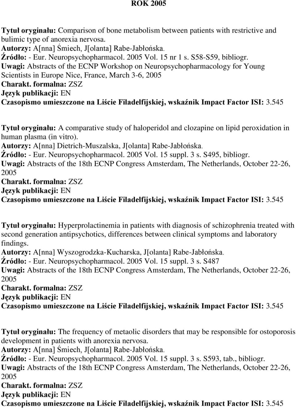 formalna: ZSZ Czasopismo umieszczone na Liście Filadelfijskiej, wskaźnik Impact Factor ISI: 3.