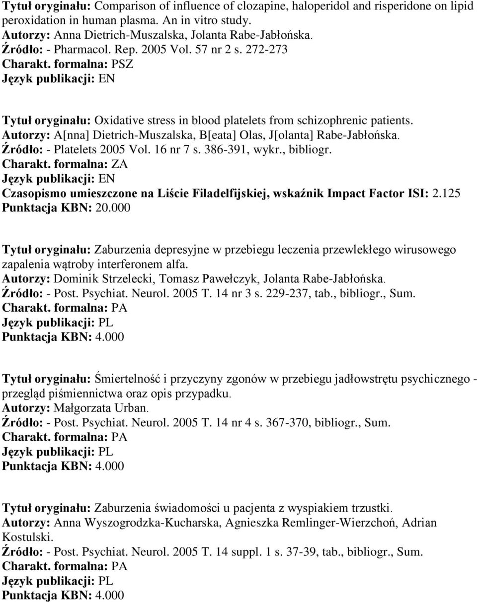 Autorzy: A[nna] Dietrich-Muszalska, B[eata] Olas, J[olanta] Rabe-Jabłońska. Źródło: - Platelets 2005 Vol. 16 nr 7 s. 386-391, wykr., bibliogr. Charakt.